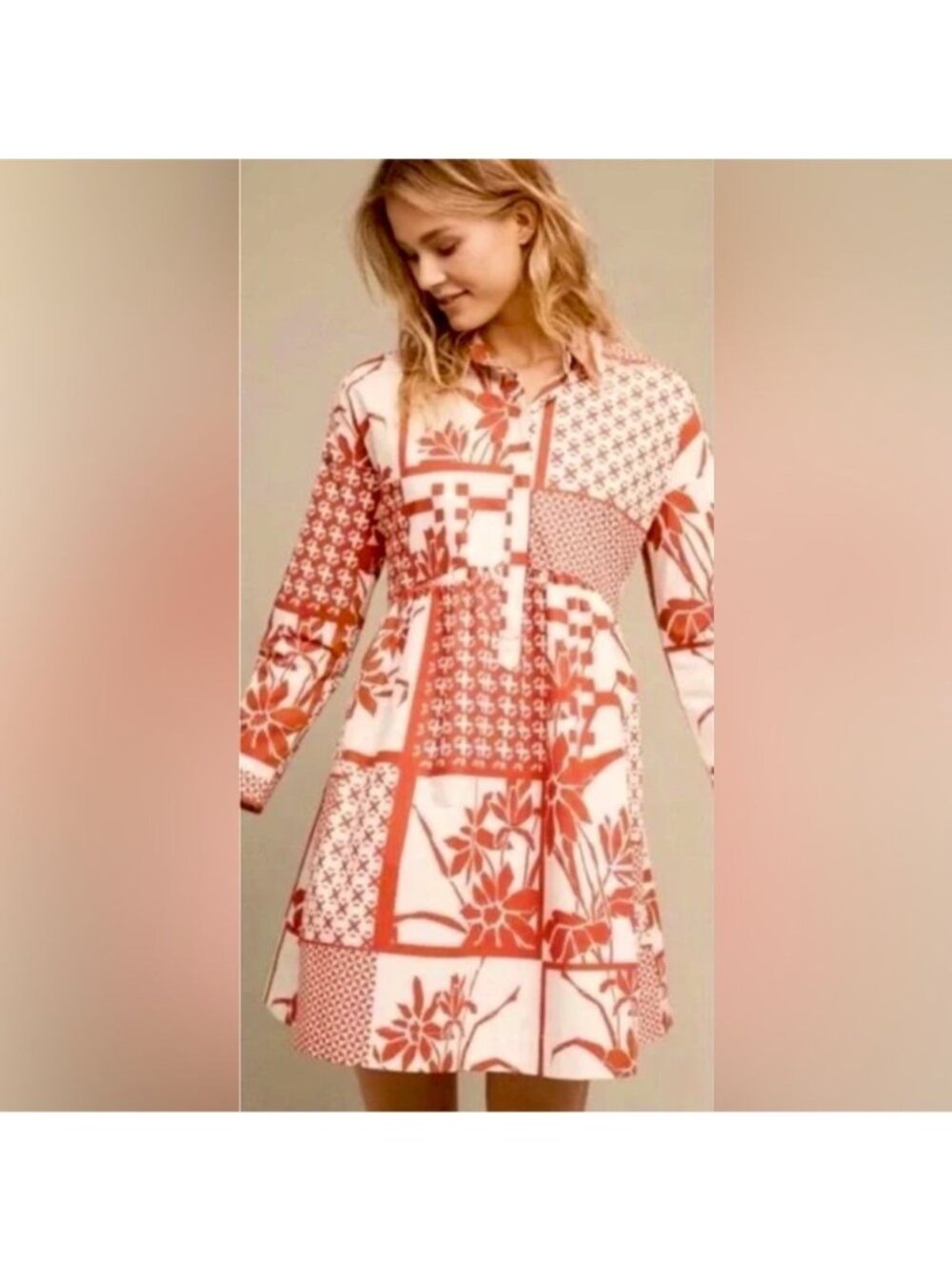 Anthropologie Maeve Long Sleeve Boxy Boho Poplin Printmaker Dress W/ Back Ties